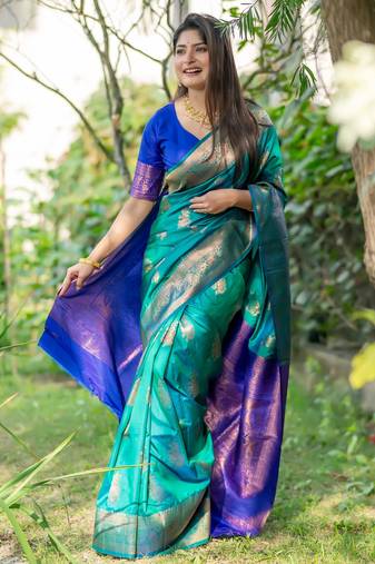 Turquoise soft banarasi silk zari woven saree with blouse