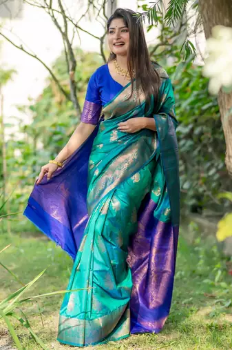 Turquoise soft banarasi silk zari woven saree with blouse