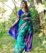 Turquoise soft banarasi silk zari woven saree with blouse