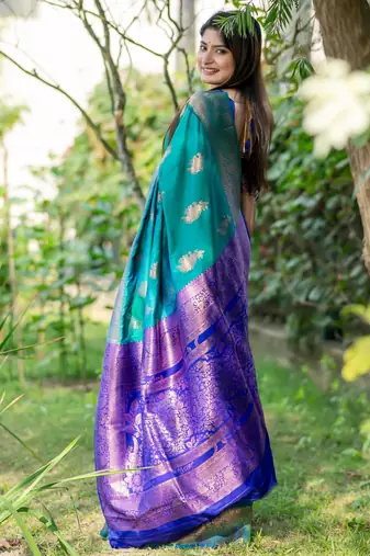 Turquoise soft banarasi silk zari woven saree with blouse