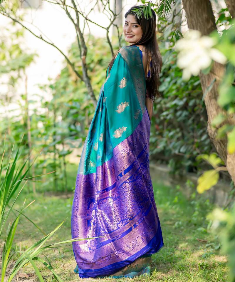 Turquoise soft banarasi silk zari woven saree with blouse