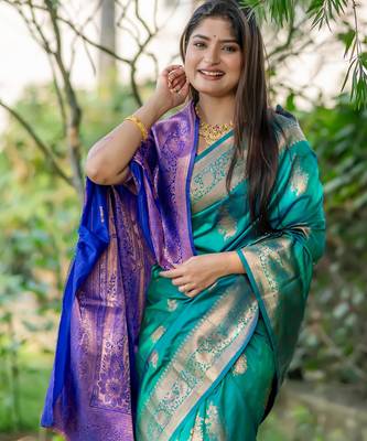 Turquoise soft banarasi silk zari woven saree with blouse 3