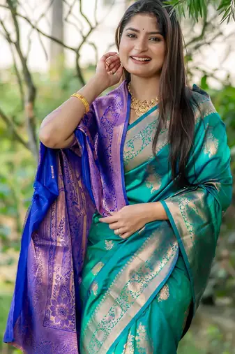 Turquoise soft banarasi silk zari woven saree with blouse