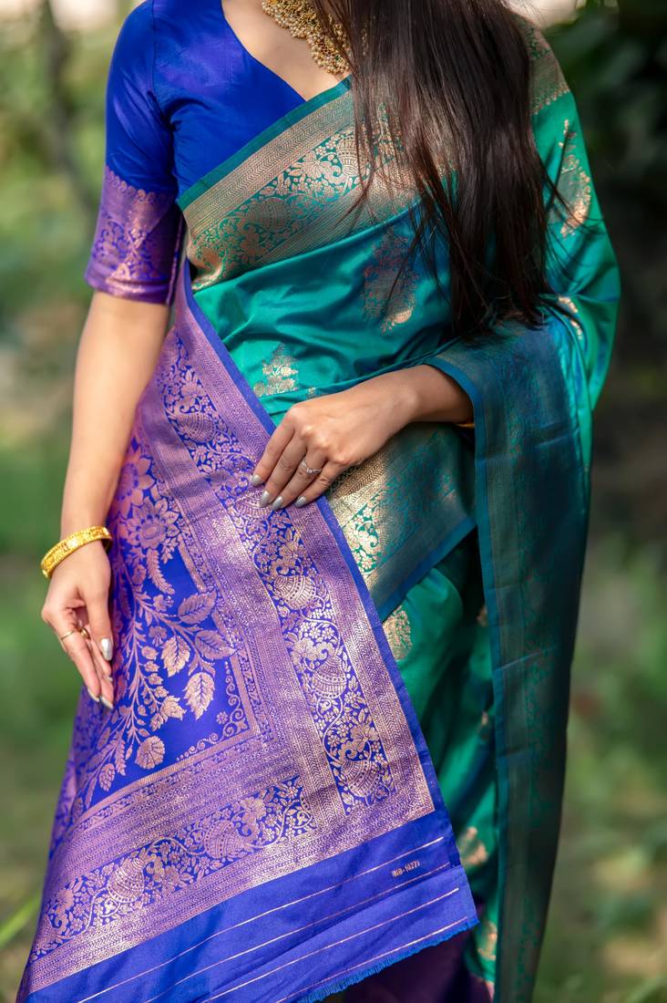 Turquoise soft banarasi silk zari woven saree with blouse