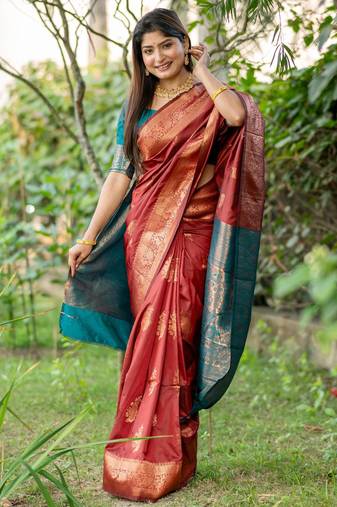 Maroon soft banarasi silk zari woven saree with blouse