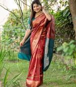 Maroon soft banarasi silk zari woven saree with blouse