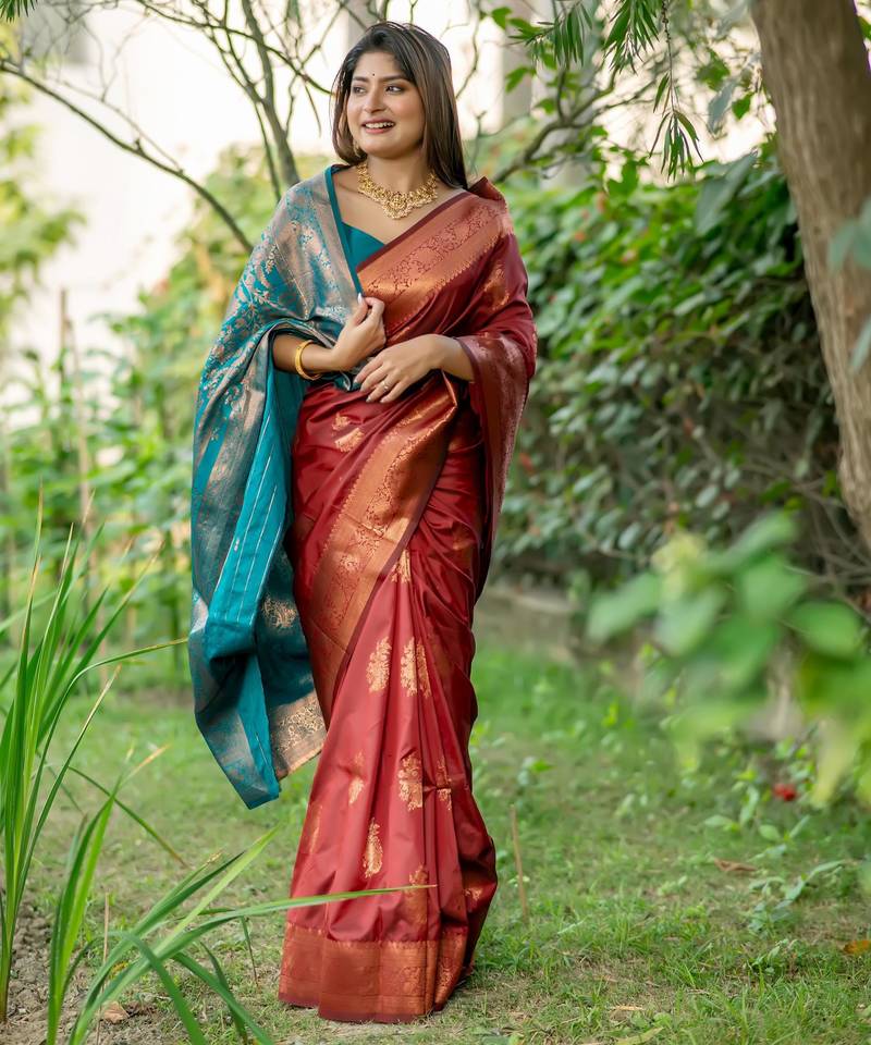 Maroon soft banarasi silk zari woven saree with blouse