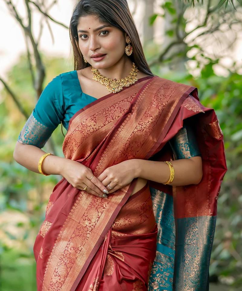 Maroon soft banarasi silk zari woven saree with blouse