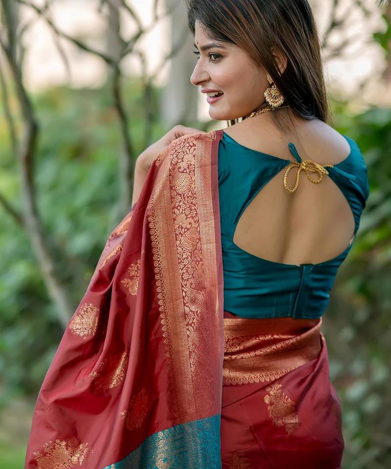Maroon soft banarasi silk zari woven saree with blouse
