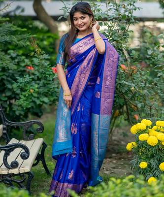 Royal blue soft banarasi silk zari woven saree with blouse 1