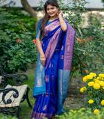 Royal blue soft banarasi silk zari woven saree with blouse