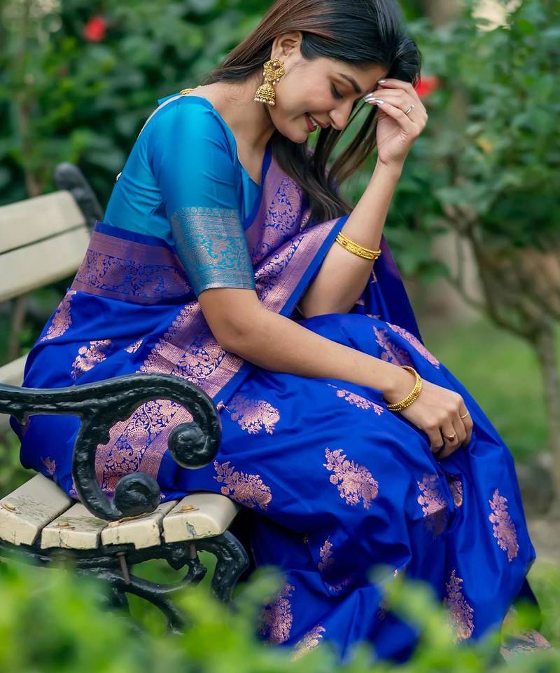 Royal blue soft banarasi silk zari woven saree with blouse