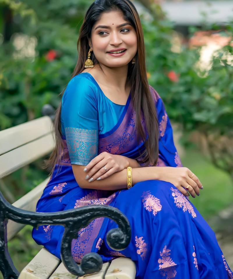 Royal blue soft banarasi silk zari woven saree with blouse