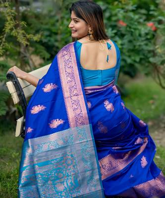 Royal blue soft banarasi silk zari woven saree with blouse 4