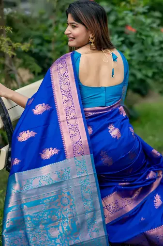 Royal blue soft banarasi silk zari woven saree with blouse
