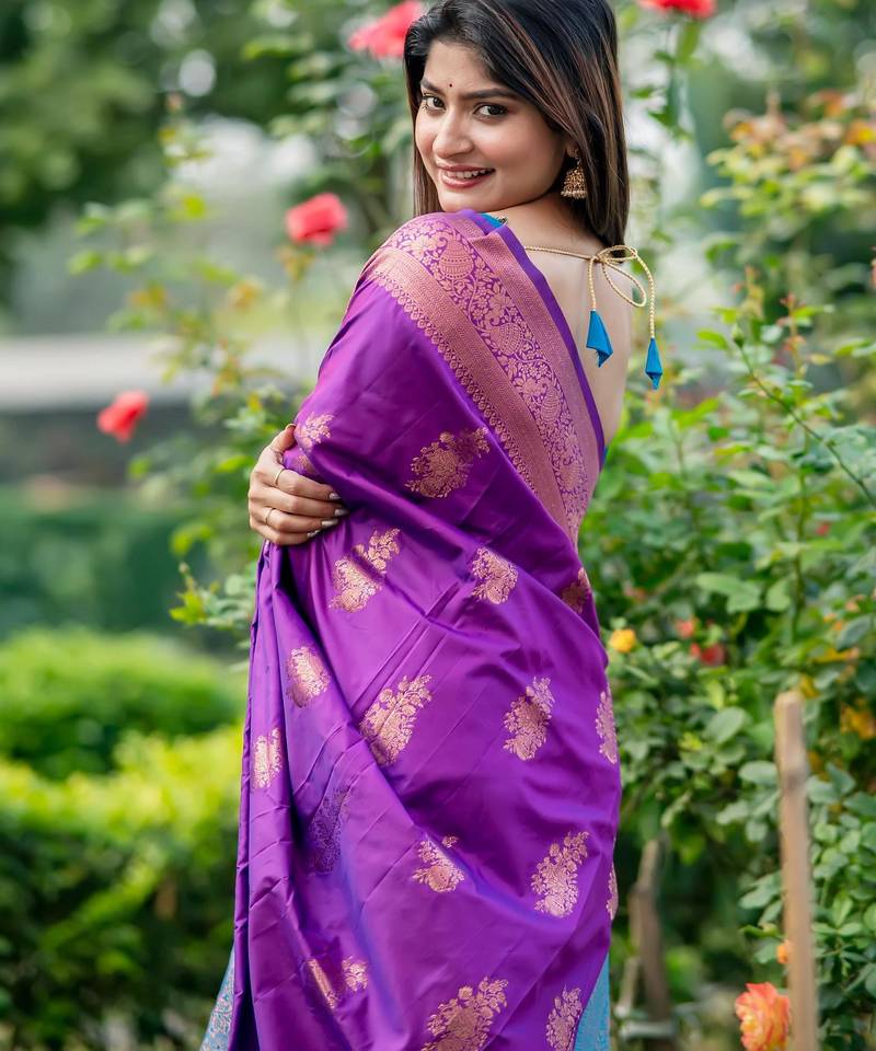 Purple soft banarasi silk zari woven saree with blouse