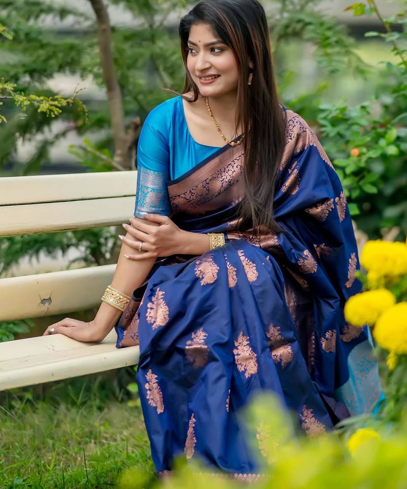 Navy blue soft banarasi silk zari woven saree with blouse