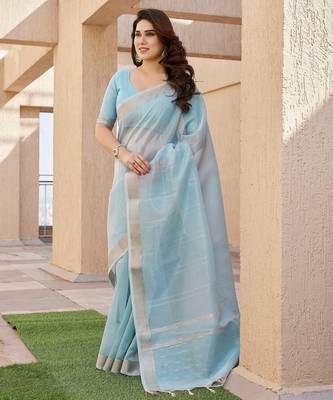 Sky blue soft tissue linen silk zari woven saree with blouse 1