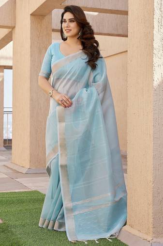Sky blue soft tissue linen silk zari woven saree with blouse