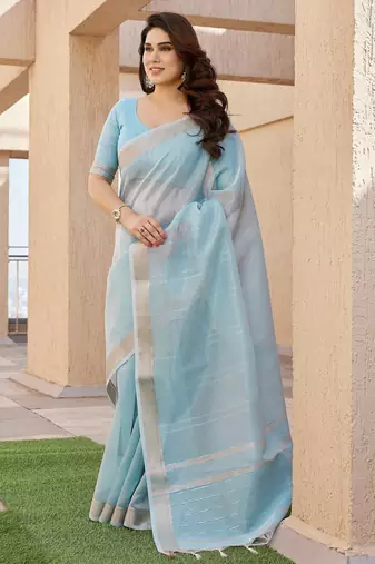 Sky blue soft tissue linen silk zari woven saree with blouse