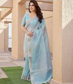 Sky blue soft tissue linen silk zari woven saree with blouse