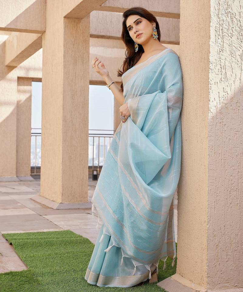 Sky blue soft tissue linen silk zari woven saree with blouse