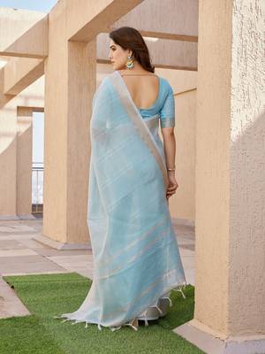 Sky blue soft tissue linen silk zari woven saree with blouse 4