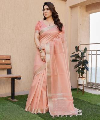 Peach soft tissue linen silk zari woven saree with blouse 1