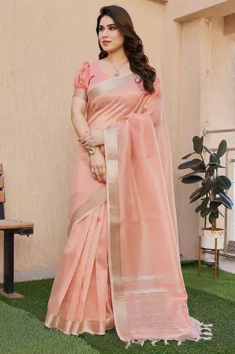Peach soft tissue linen silk zari woven saree with blouse