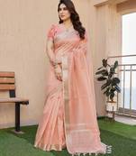 Peach soft tissue linen silk zari woven saree with blouse