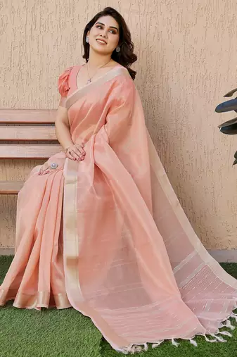 Peach soft tissue linen silk zari woven saree with blouse