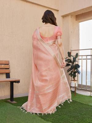 Peach soft tissue linen silk zari woven saree with blouse 4