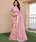 Pink soft tissue linen silk zari woven saree with blouse