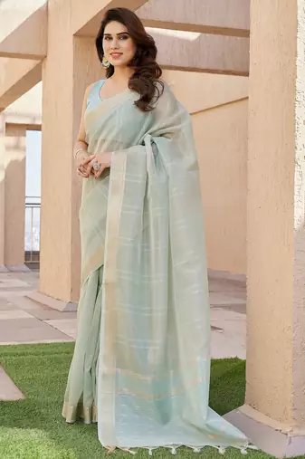 Sea green soft tissue linen silk zari woven saree with blouse