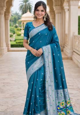 Rama silk blend saree with unstitched blouse piece 2