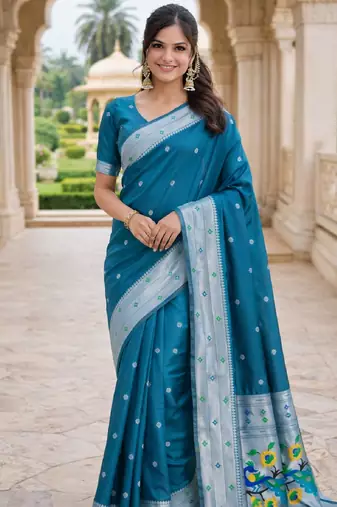 Rama silk blend saree with unstitched blouse piece