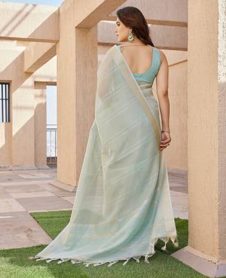 Sea green soft tissue linen silk zari woven saree with blouse 4