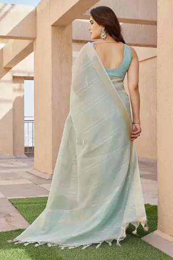 Sea green soft tissue linen silk zari woven saree with blouse