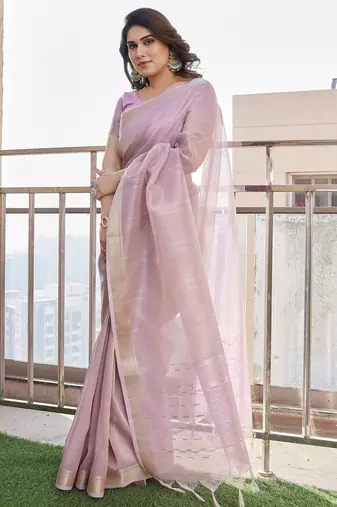 Purple soft tissue linen silk zari woven saree with blouse