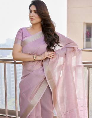 Purple soft tissue linen silk zari woven saree with blouse 3