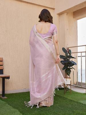 Purple soft tissue linen silk zari woven saree with blouse 4
