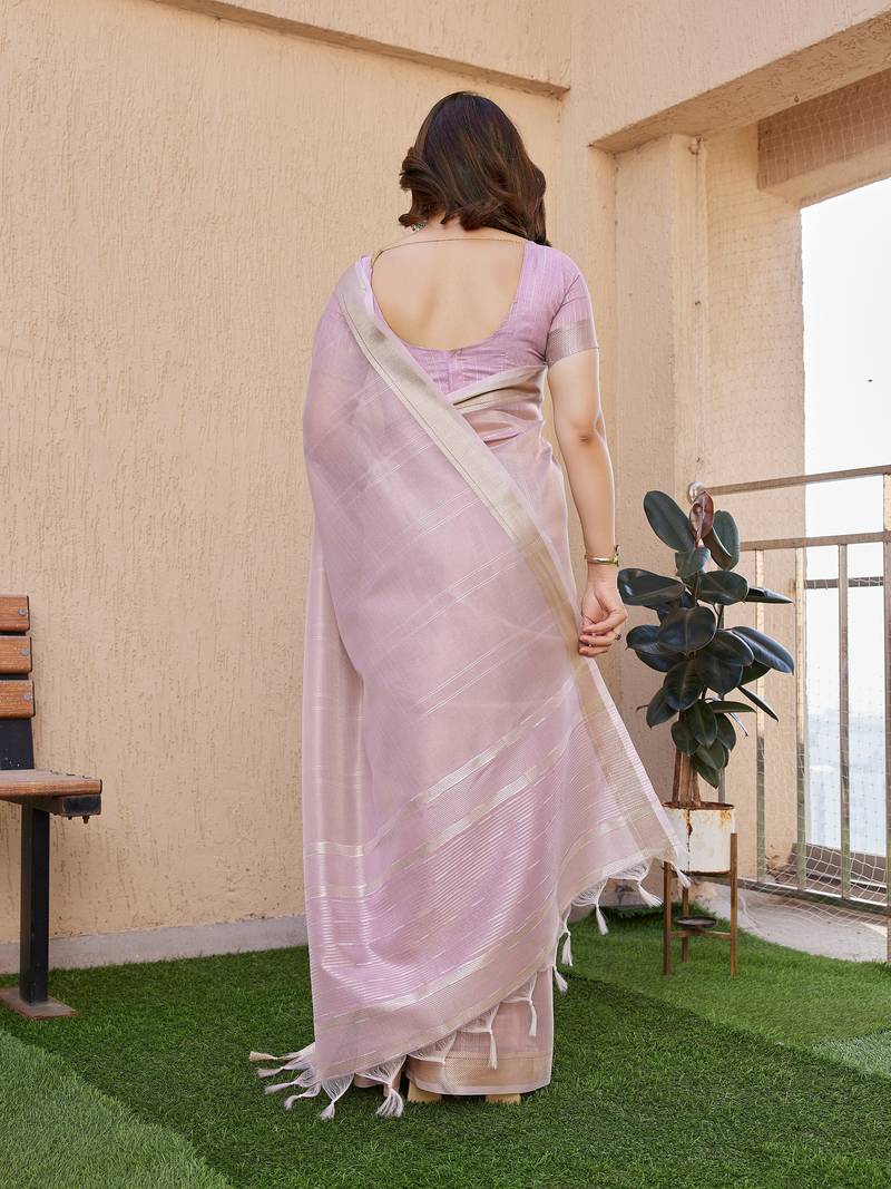 Purple soft tissue linen silk zari woven saree with blouse