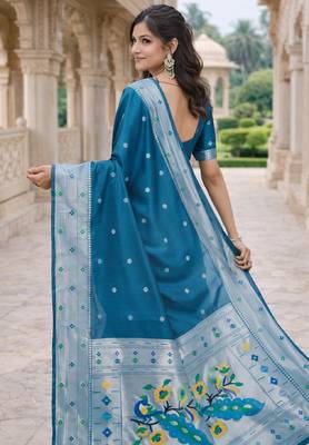 Rama silk blend saree with unstitched blouse piece 3
