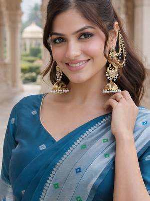Rama silk blend saree with unstitched blouse piece 4