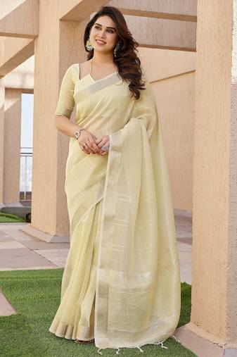 Yellow soft tissue linen silk zari woven saree with blouse