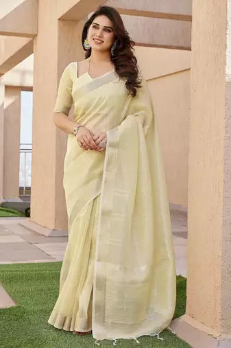 Yellow soft tissue linen silk zari woven saree with blouse