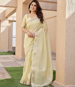Yellow soft tissue linen silk zari woven saree with blouse