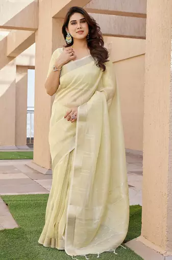 Yellow soft tissue linen silk zari woven saree with blouse