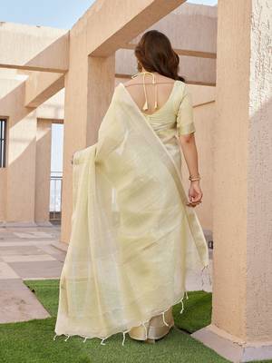 Yellow soft tissue linen silk zari woven saree with blouse 4