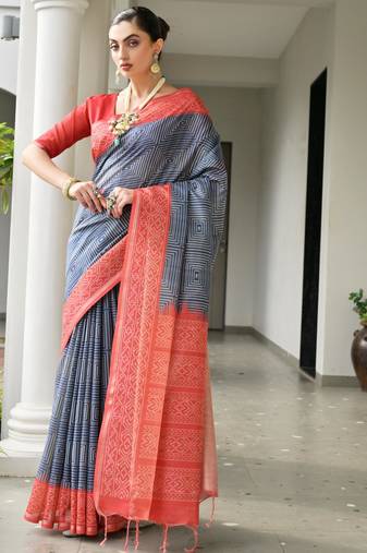 Navy blue soft tussar silk ikkat printed saree with blouse